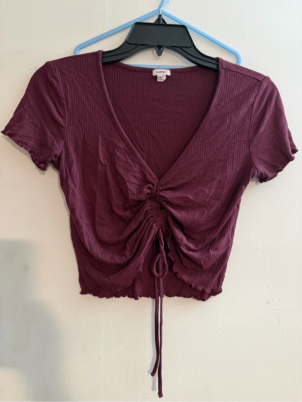 Garage Burgundy Ruched Drawstring V-Neck Crop Top size S GUC